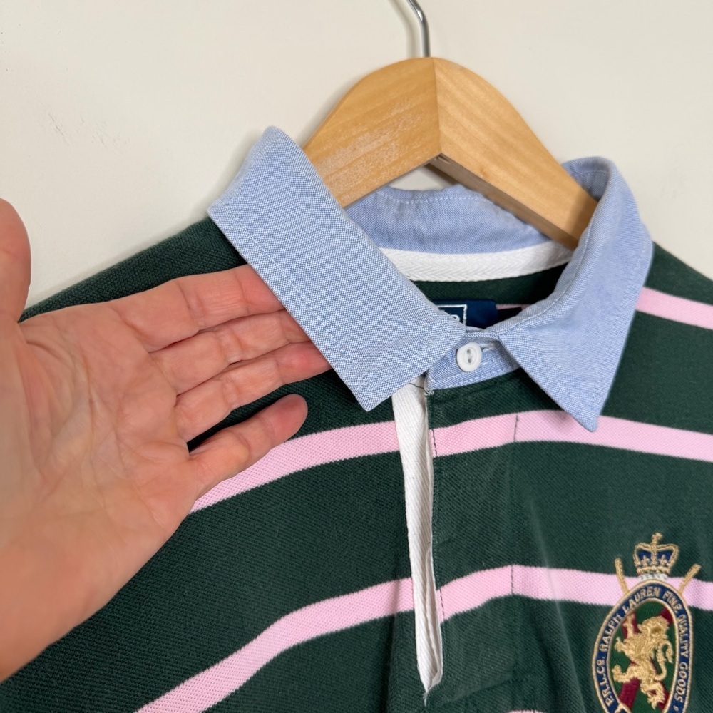 Polo Ralph Lauren Crest Striped Rugby Polo Green Pink Embroidered Logo Shirt - Picture 3 of 9